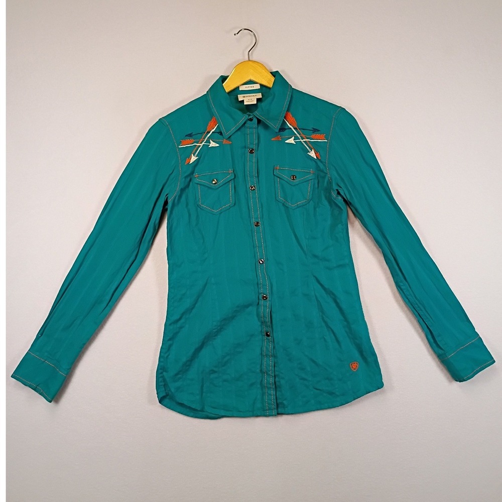 Westerncore Ariat Womens Small Teal Arrow Embroidered Long Sleeve Snap Shirt